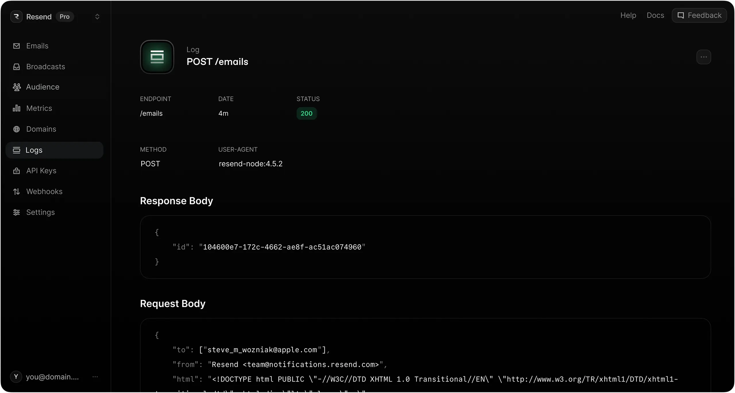 Resend Dashboard - Logs